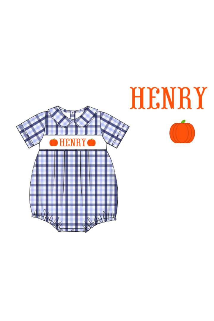 The Smocked Flamingo Pre-Order Hand Smocked Custom Name Plaid Pumpkin Bubble