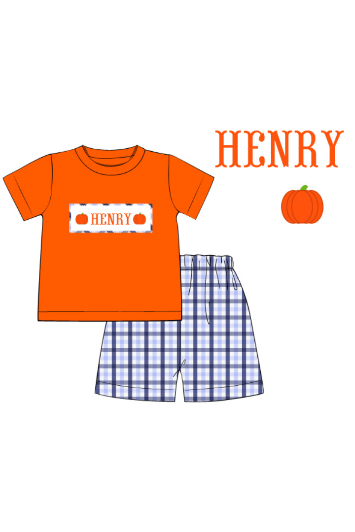 The Smocked Flamingo Pre-Order Hand Smocked Custom Name Plaid Pumpkin Short Set