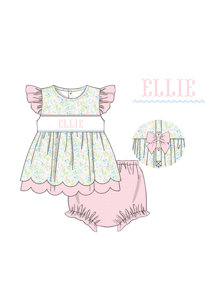 The Smocked Flamingo Pre-Order Hand Smocked Custom Name Pre-Order Hand Smocked Custom Name Pastel Easter Bloomer Set