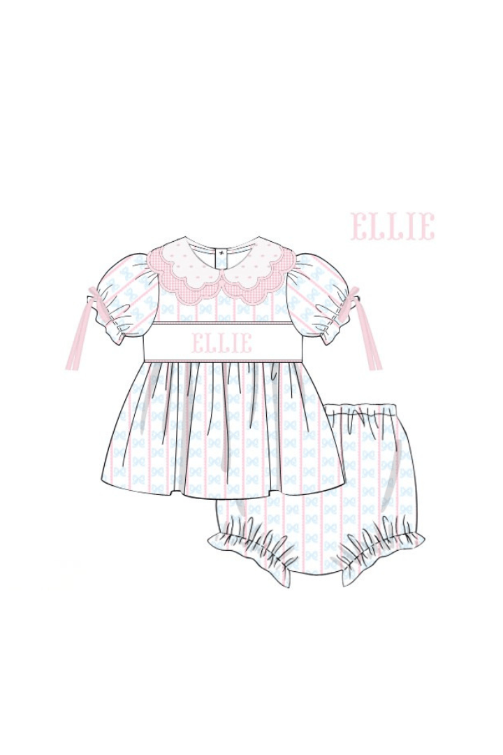 The Smocked Flamingo Pre-Order Hand Smocked Custom Name Pre-Order Sweet Scalloped Bow Dress