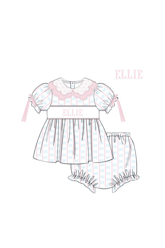 The Smocked Flamingo Pre-Order Hand Smocked Custom Name Pre-Order Sweet Scalloped Bow Dress