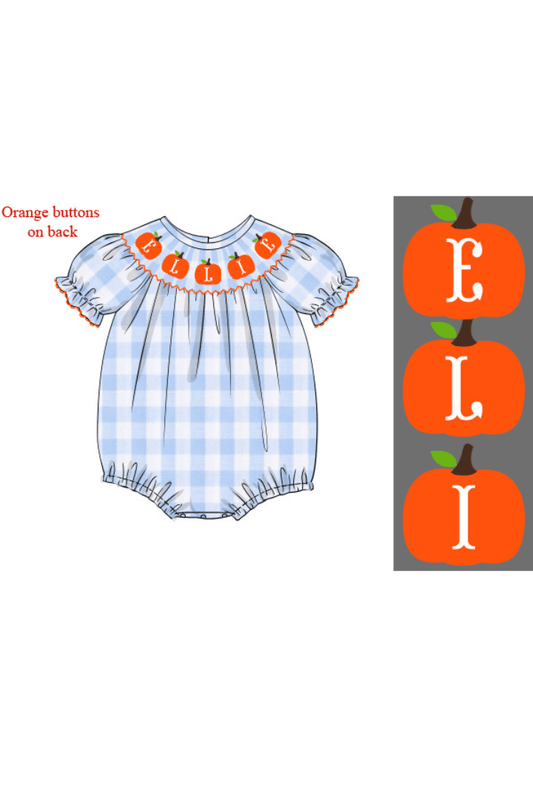 The Smocked Flamingo Pre-Order Hand Smocked Custom Name Pumpkin Blue Gingham Bubble