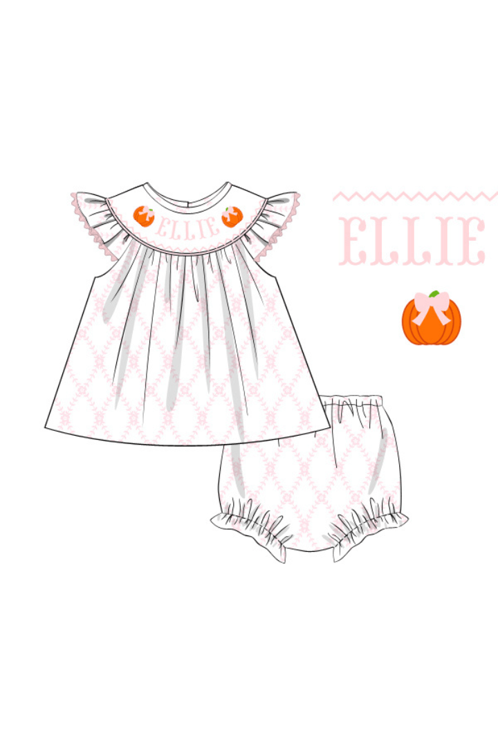 The Smocked Flamingo Pre-Order Hand Smocked Custom Name Pumpkin Trellis Bloomer Set