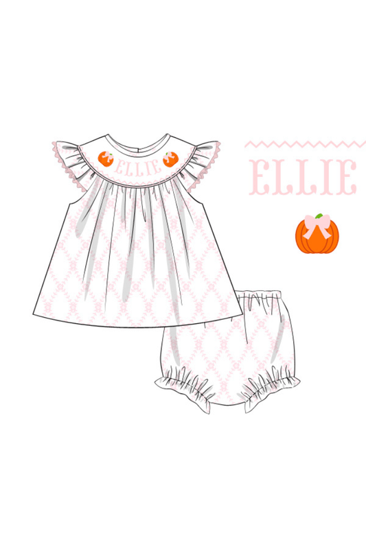 The Smocked Flamingo Pre-Order Hand Smocked Custom Name Pumpkin Trellis Bloomer Set