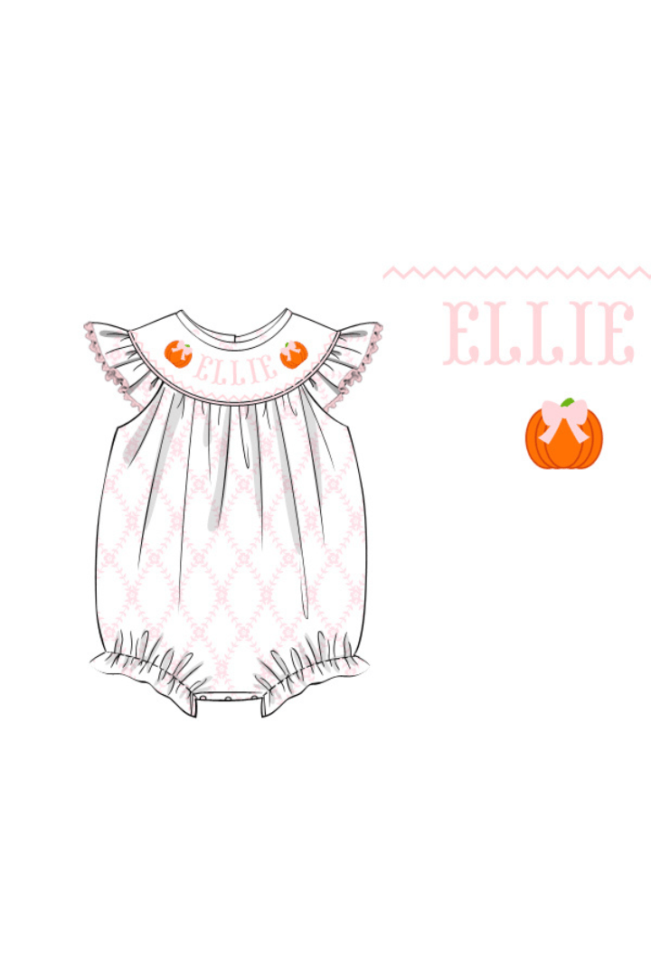 The Smocked Flamingo Pre-Order Hand Smocked Custom Name Pumpkin Trellis Bubble