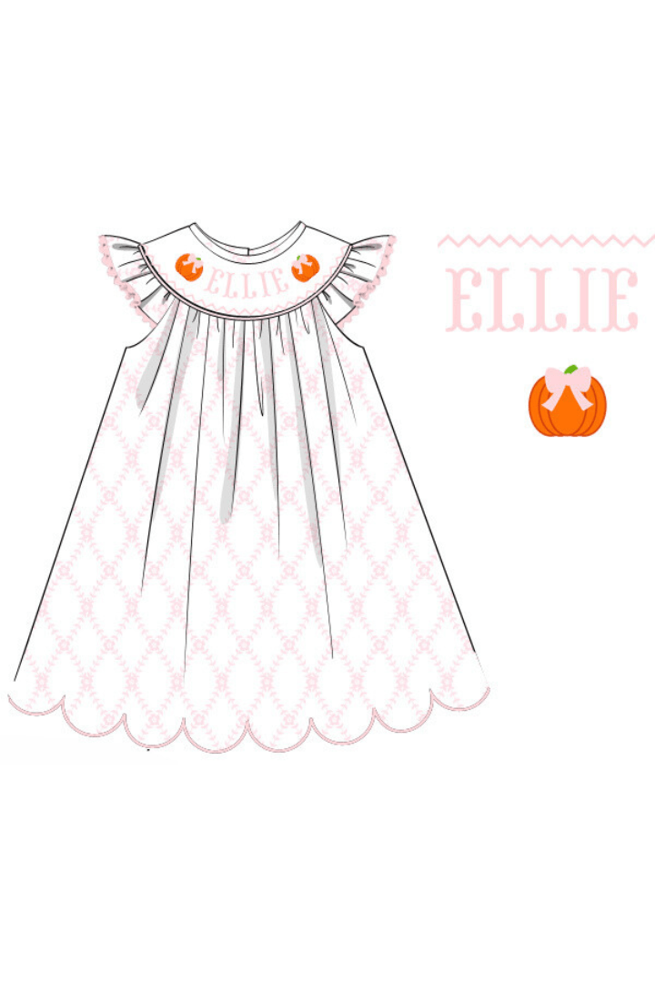 The Smocked Flamingo Pre-Order Hand Smocked Custom Name Pumpkin Trellis Dress