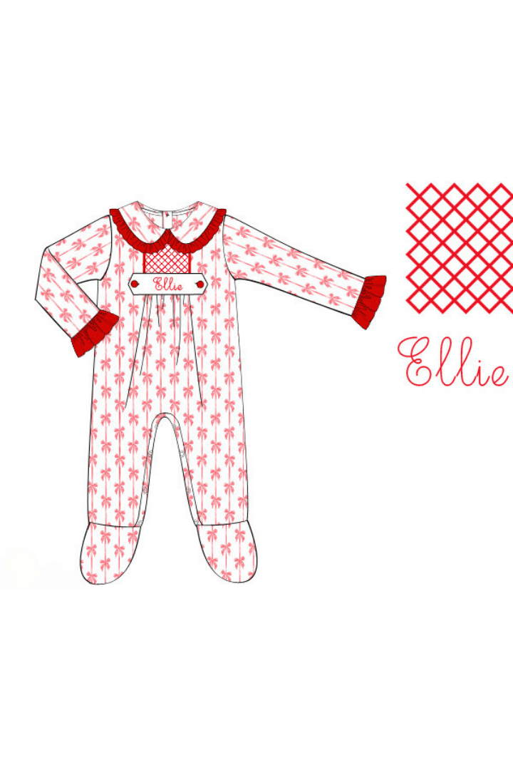 The Smocked Flamingo Pre-Order Hand Smocked Custom Name Red Bow Footed Romper