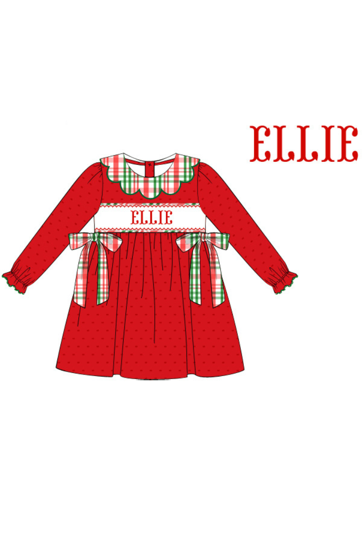 The Smocked Flamingo Pre-Order Hand Smocked Custom Name Red Knit Christmas Plaid Bow Dress