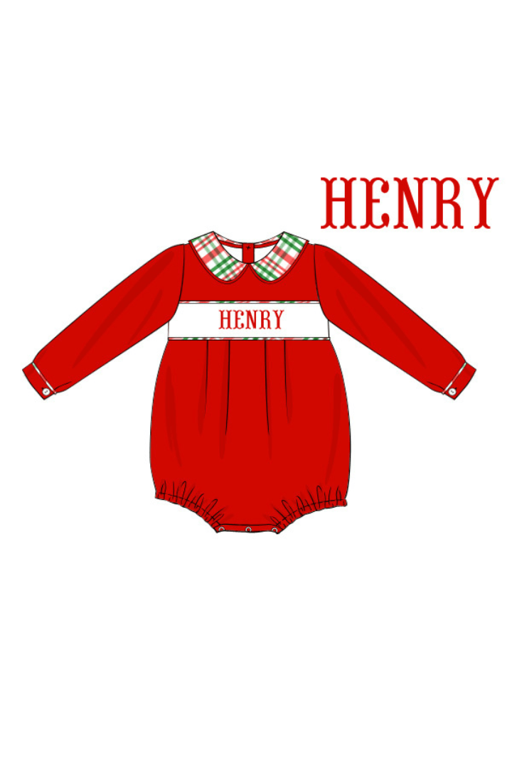 The Smocked Flamingo Pre-Order Hand Smocked Custom Name Red Knit Christmas Plaid Bubble