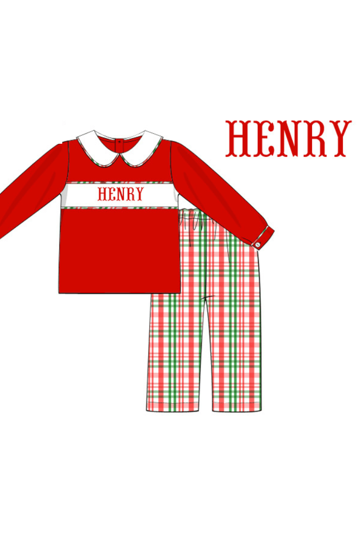 The Smocked Flamingo Pre-Order Hand Smocked Custom Name Red Knit Christmas Plaid Pant Set