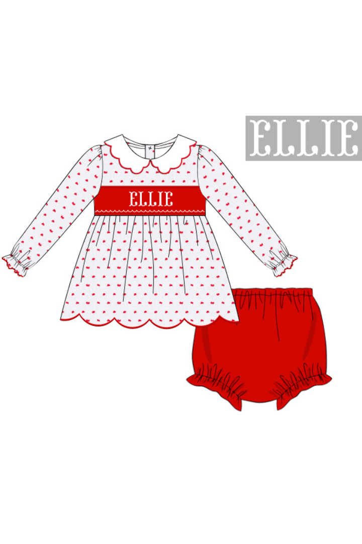 The Smocked Flamingo Pre-Order Hand Smocked Custom Name Red/White Swiss Dot Bloomer Set