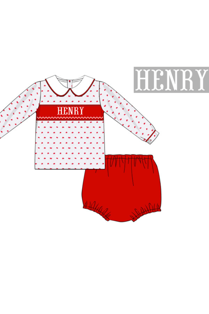 The Smocked Flamingo Pre-Order Hand Smocked Custom Name Red/White Swiss Dot Boys Diaper Set