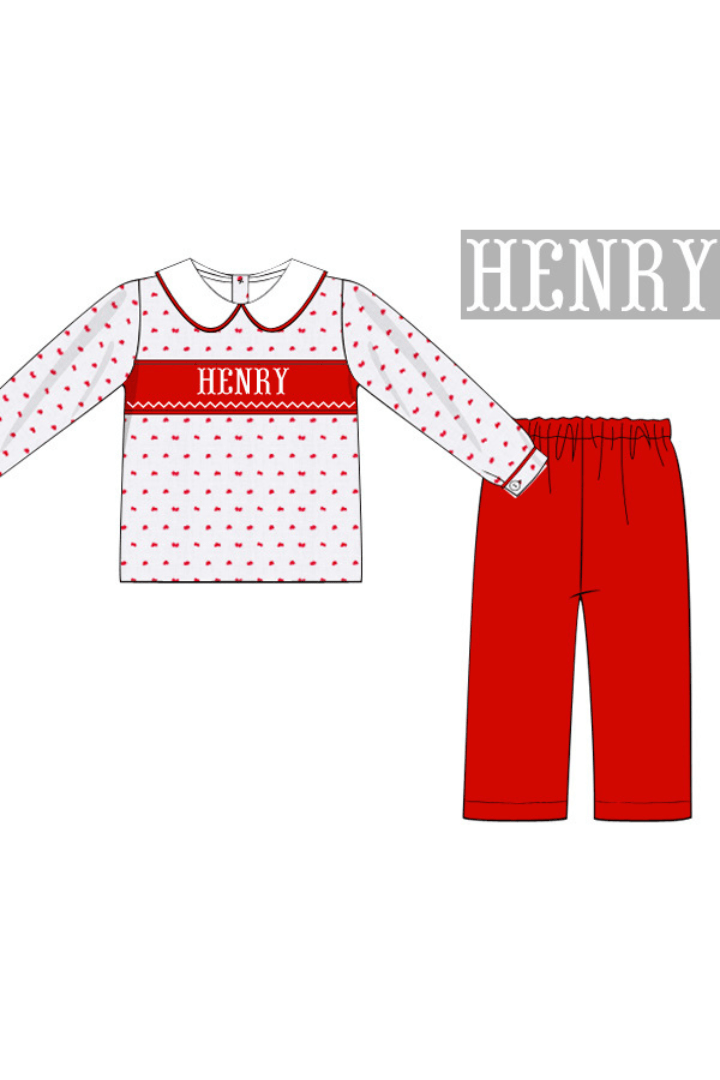 The Smocked Flamingo Pre-Order Hand Smocked Custom Name Red/White Swiss Dot Boys Pant Set