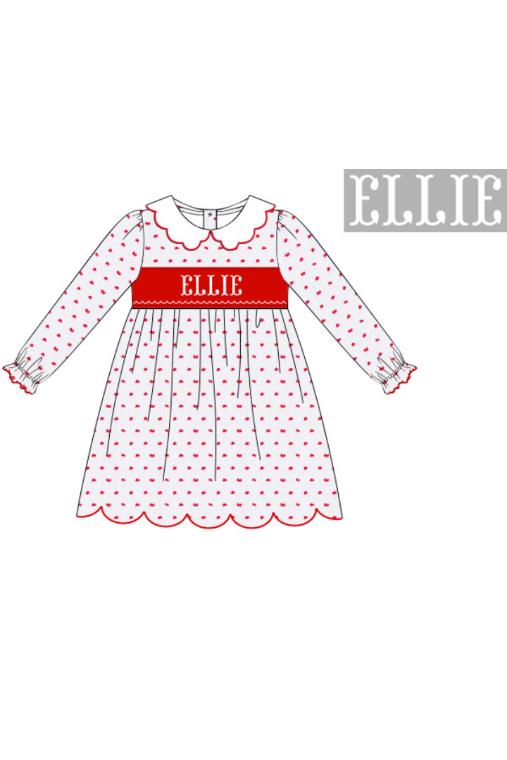 The Smocked Flamingo Pre-Order Hand Smocked Custom Name Red/White Swiss Dot Girls Dress