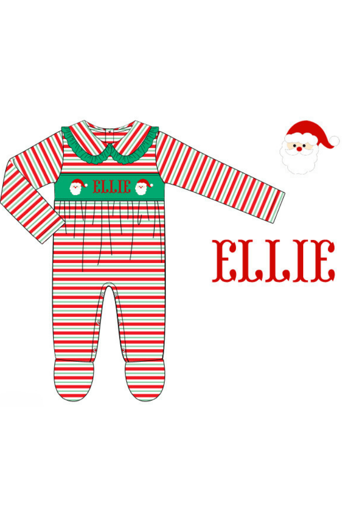 The Smocked Flamingo Pre-Order Hand Smocked Custom Name Santa Stripe Footed Ruffle Romper