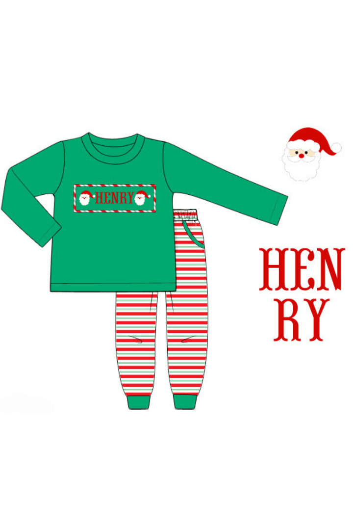 The Smocked Flamingo Pre-Order Hand Smocked Custom Name Santa Stripe Jogger Set