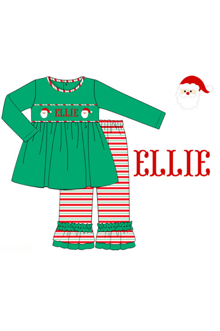 The Smocked Flamingo Pre-Order Hand Smocked Custom Name Santa Stripe Ruffle Pant Set