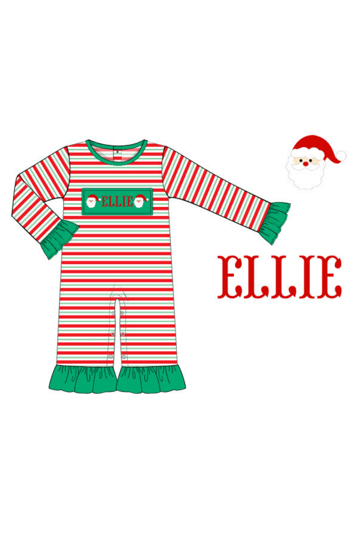 The Smocked Flamingo Pre-Order Hand Smocked Custom Name Santa Stripe Ruffle Romper