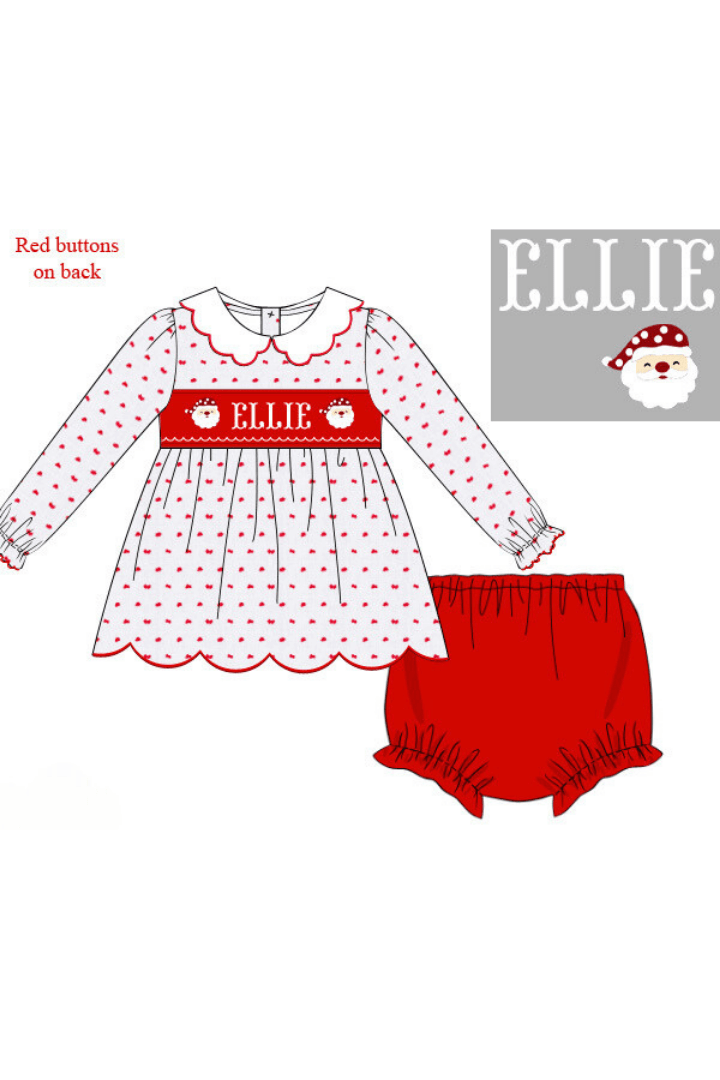 The Smocked Flamingo Pre-Order Hand Smocked Custom Name Santa Swiss Bloomer Set