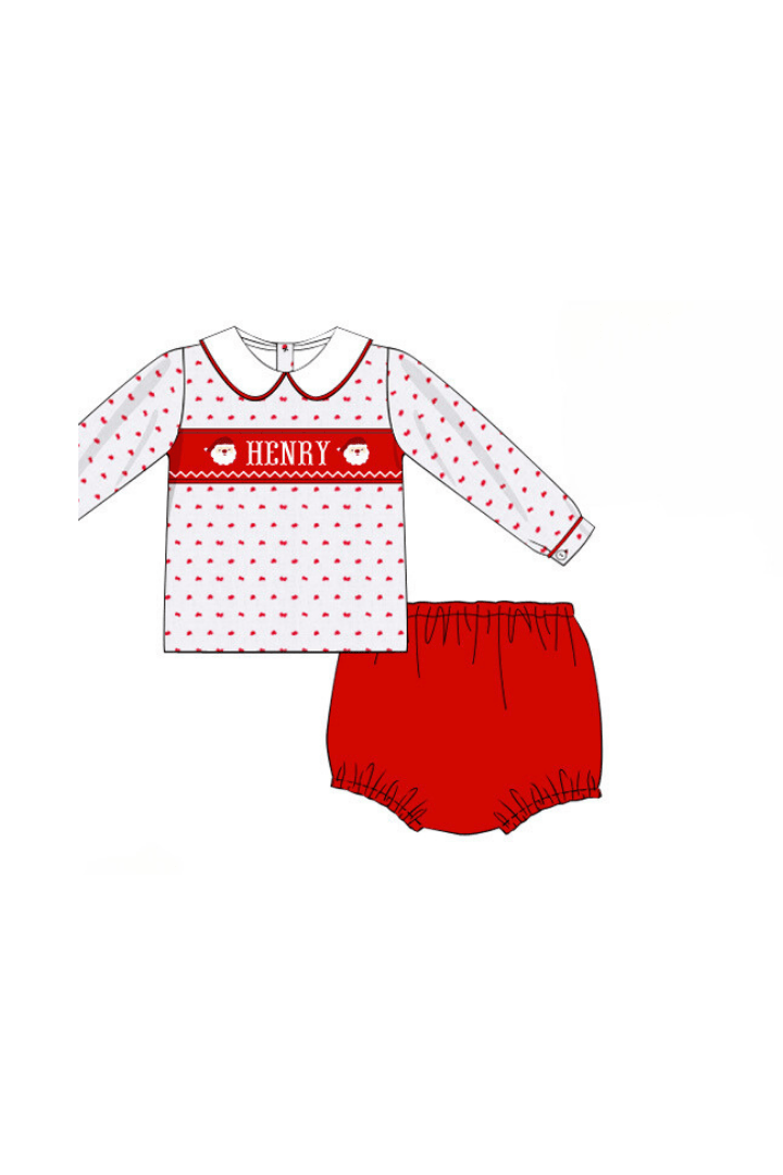 The Smocked Flamingo Pre-Order Hand Smocked Custom Name Santa Swiss Diaper Set