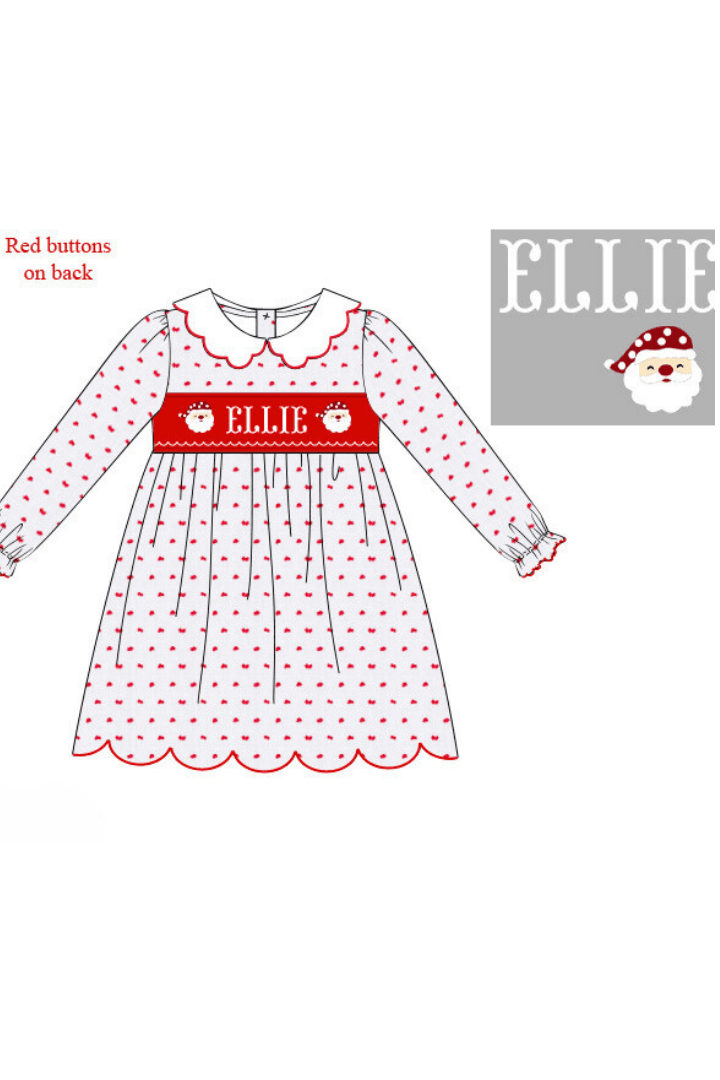 The Smocked Flamingo Pre-Order Hand Smocked Custom Name Santa Swiss Dot Dress