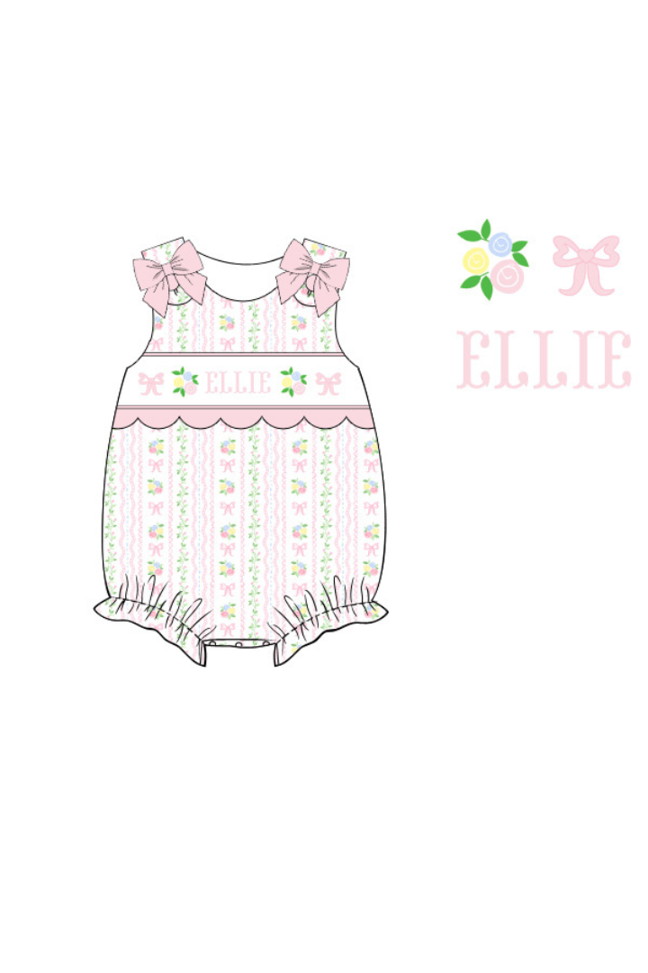 The Smocked Flamingo Pre-Order Hand Smocked Custom Name Scalloped Floral Bow Bubble