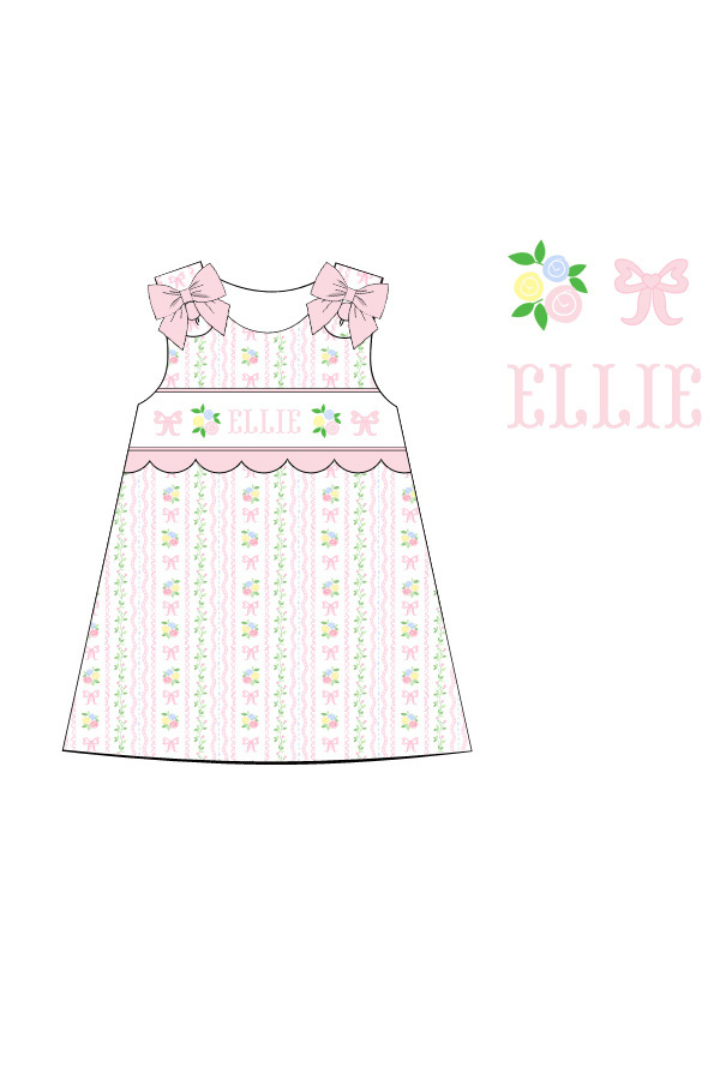 The Smocked Flamingo Pre-Order Hand Smocked Custom Name Scalloped Floral Bow Dress