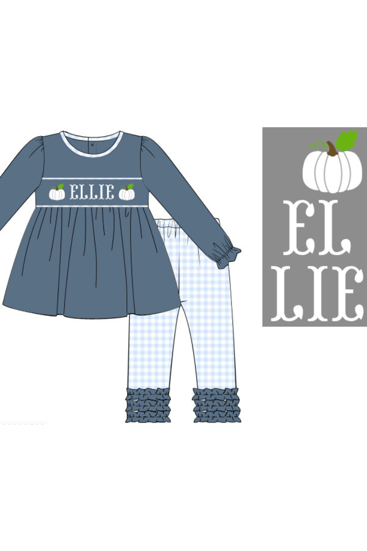 The Smocked Flamingo Pre-Order Hand Smocked Custom Name Stone/Gingham Ruffle Pant Set