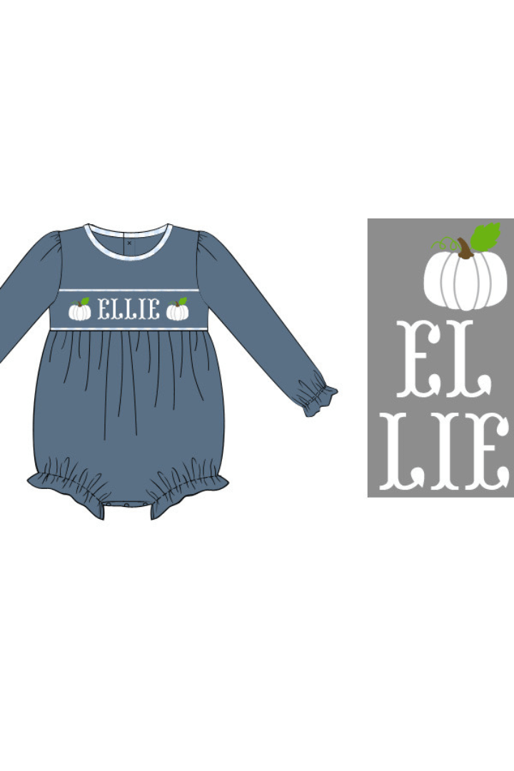 The Smocked Flamingo Pre-Order Hand Smocked Custom Name Stone Pumpkin Girl Bubble