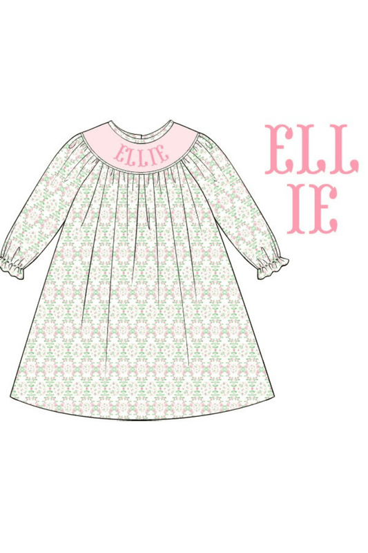 The Smocked Flamingo Pre-Order Hand Smocked Custom Name Sweet Easter Long Sleeve Dress