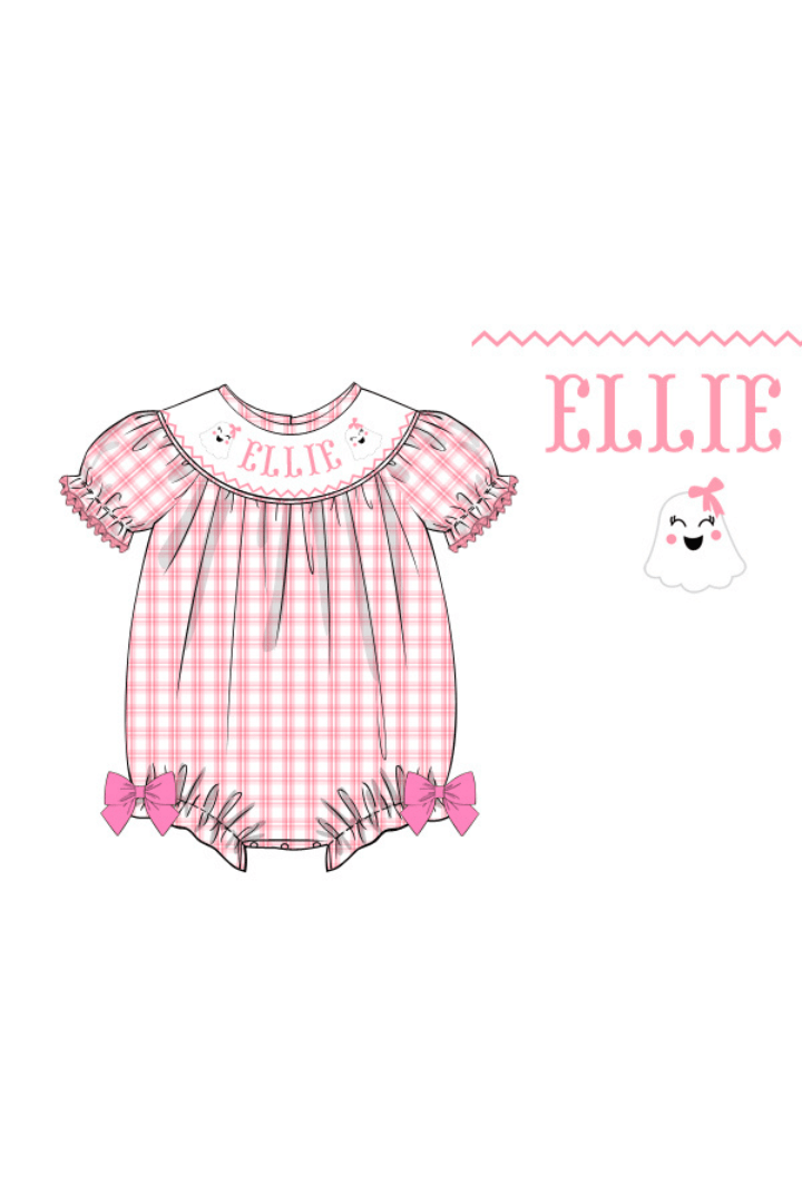 The Smocked Flamingo Pre-Order Hand Smocked Custom Name Sweet Ghost Bubble
