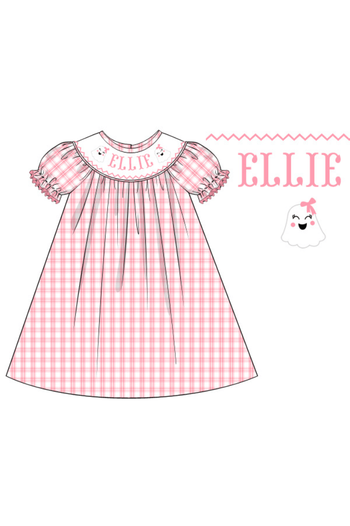 The Smocked Flamingo Pre-Order Hand Smocked Custom Name Sweet Ghost Dress