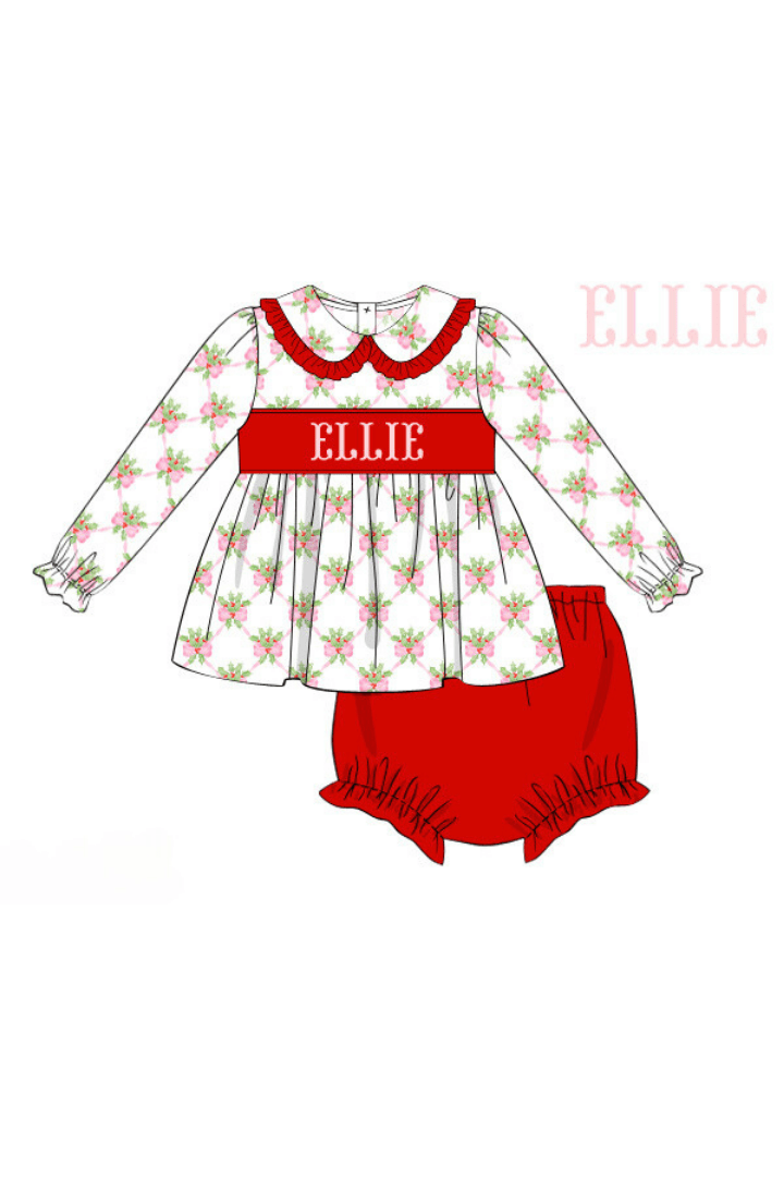 The Smocked Flamingo Pre-Order Hand Smocked Custom Name Sweet Holly Bloomer Set