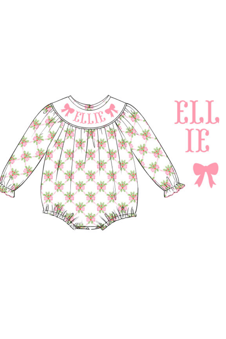 The Smocked Flamingo Pre-Order Hand Smocked Custom Name Sweet Holly Pink Bubble
