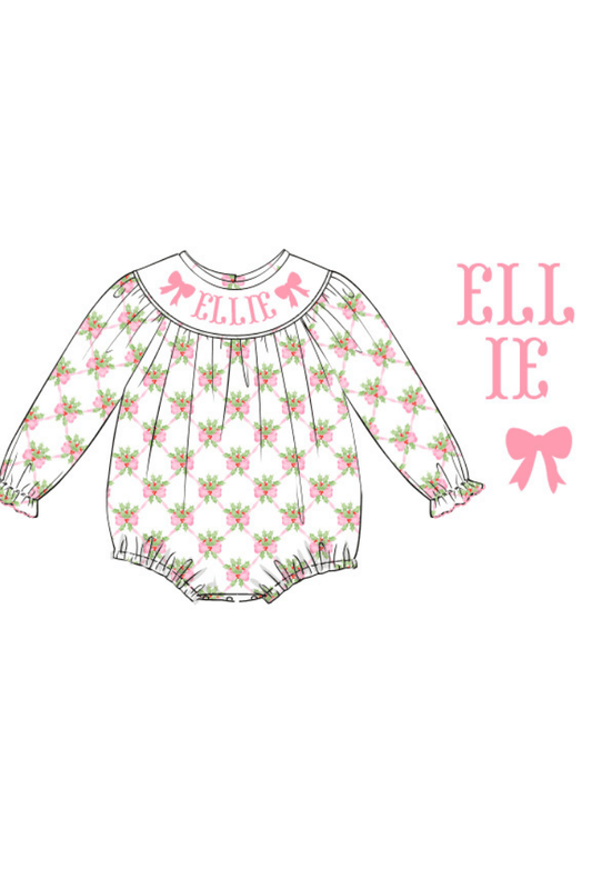 The Smocked Flamingo Pre-Order Hand Smocked Custom Name Sweet Holly Pink Bubble