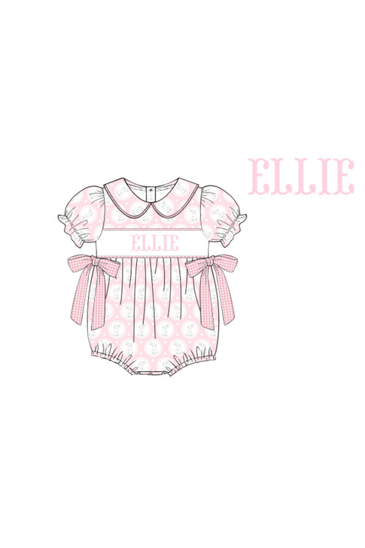 The Smocked Flamingo Pre-Order Hand Smocked Custom Name Sweet Pink Bunny Bubble