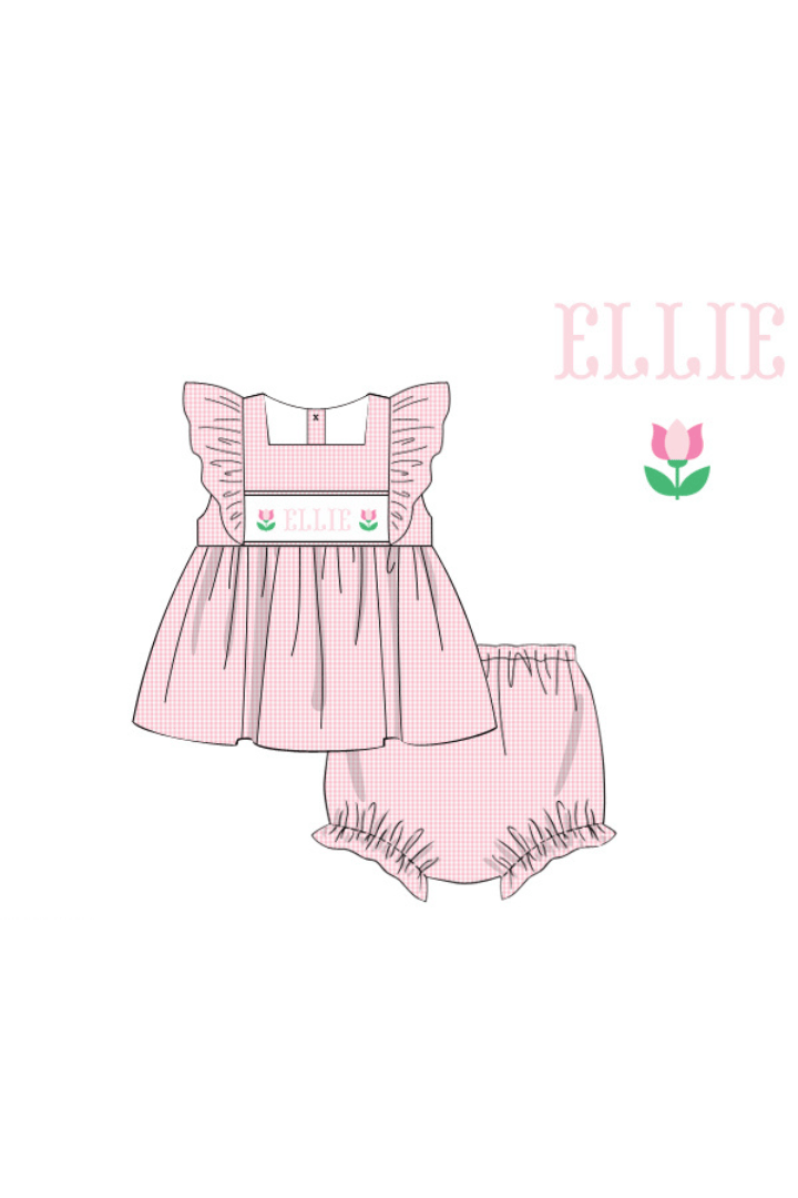 The Smocked Flamingo Pre-Order Hand Smocked Custom Name Sweet Pink Gingham Tulip Bloomer Set