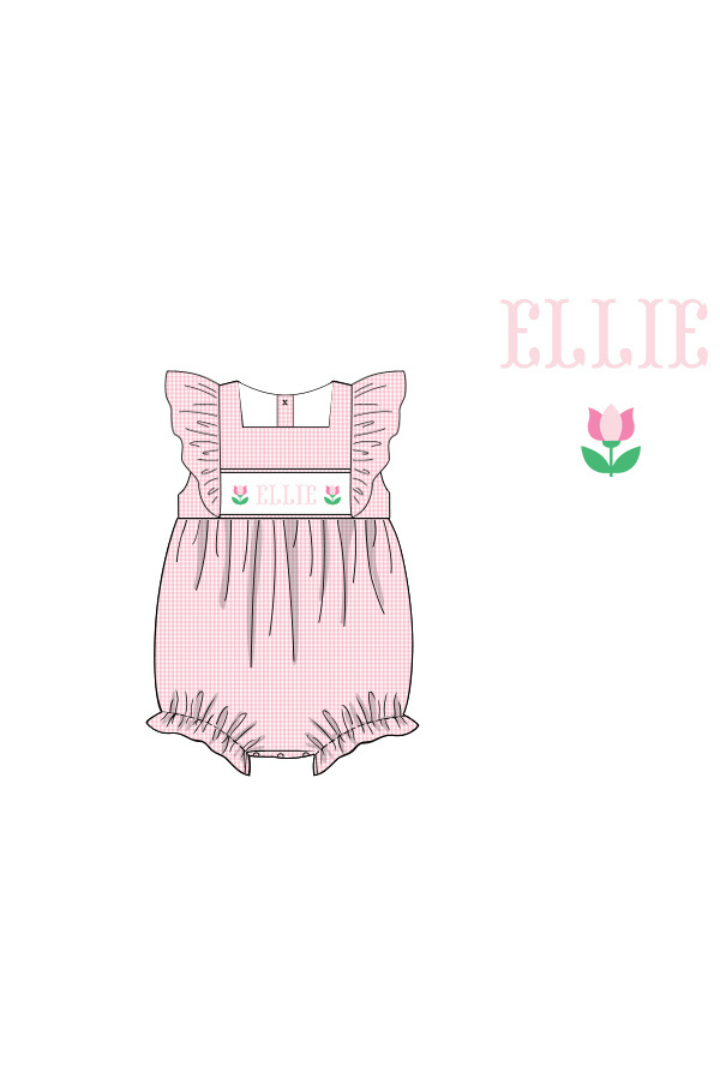 The Smocked Flamingo Pre-Order Hand Smocked Custom Name Sweet Pink Gingham Tulip Bubble