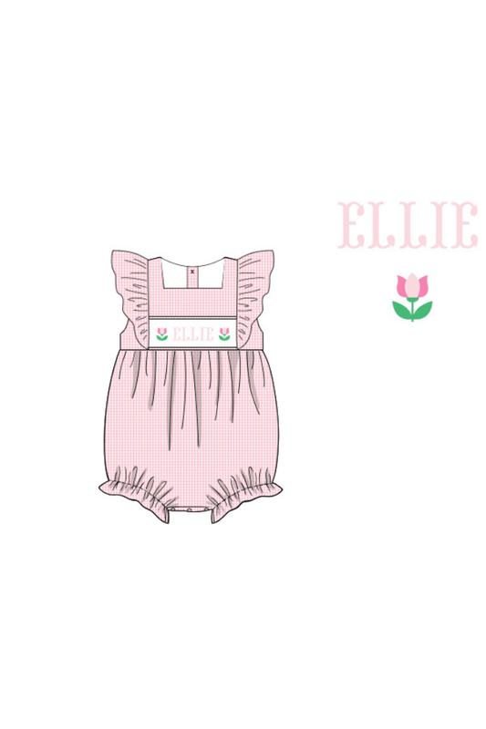 The Smocked Flamingo Pre-Order Hand Smocked Custom Name Sweet Pink Gingham Tulip Bubble