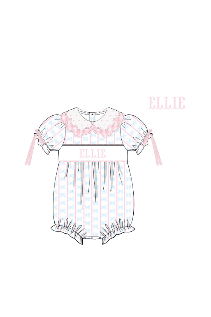 The Smocked Flamingo Pre-Order Hand Smocked Custom Name Sweet Scalloped Bow Bubble