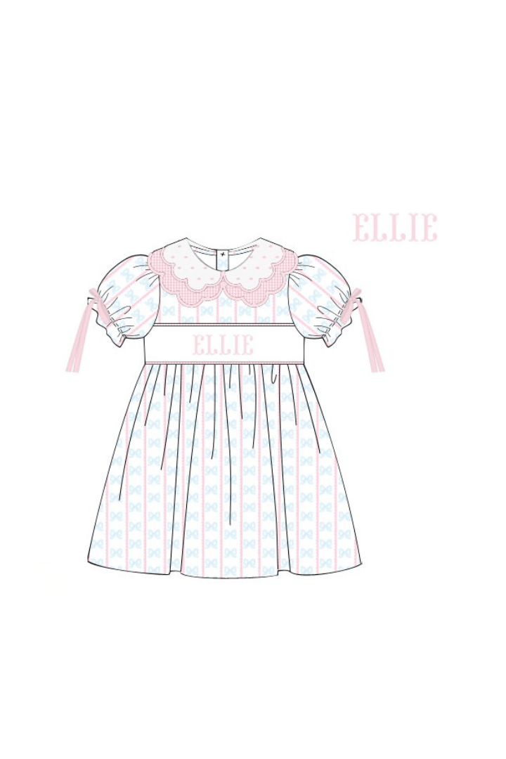The Smocked Flamingo Pre-Order Hand Smocked Custom Name Sweet Scalloped Bow Dress
