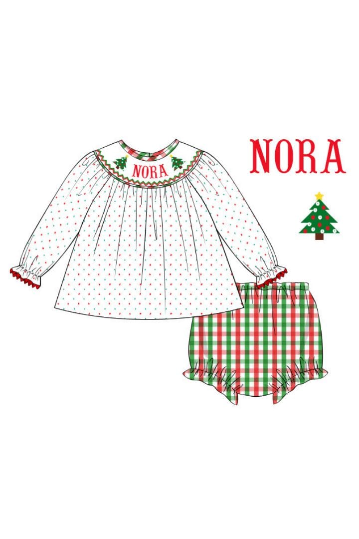 The Smocked Flamingo Pre-Order Hand Smocked Custom Name Swiss Dot Tree Set