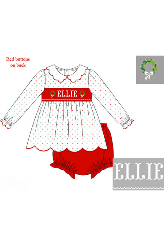 The Smocked Flamingo Pre-Order Hand Smocked Custom Name Swiss Dot Wreath Bloomer Set
