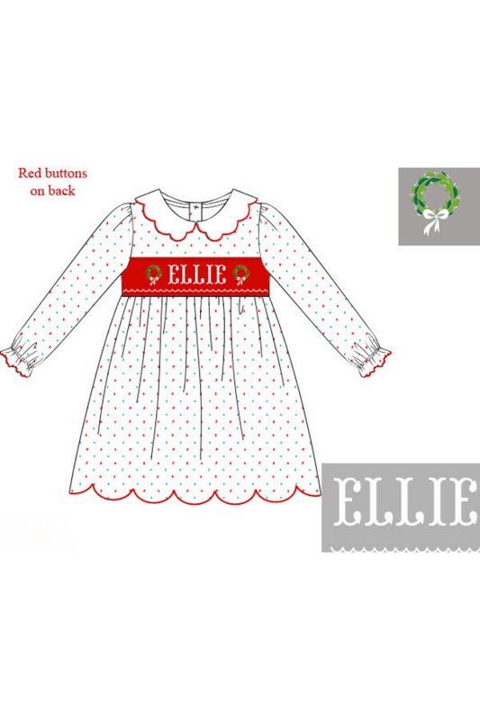 The Smocked Flamingo Pre-Order Hand Smocked Custom Name Swiss Dot Wreath Dress