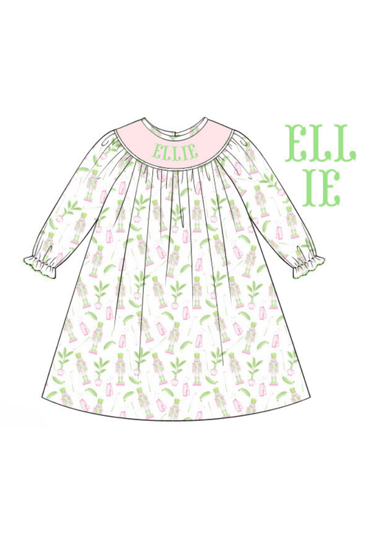 The Smocked Flamingo Pre-Order Hand Smocked Custom Name Topical Nutcracker Dress
