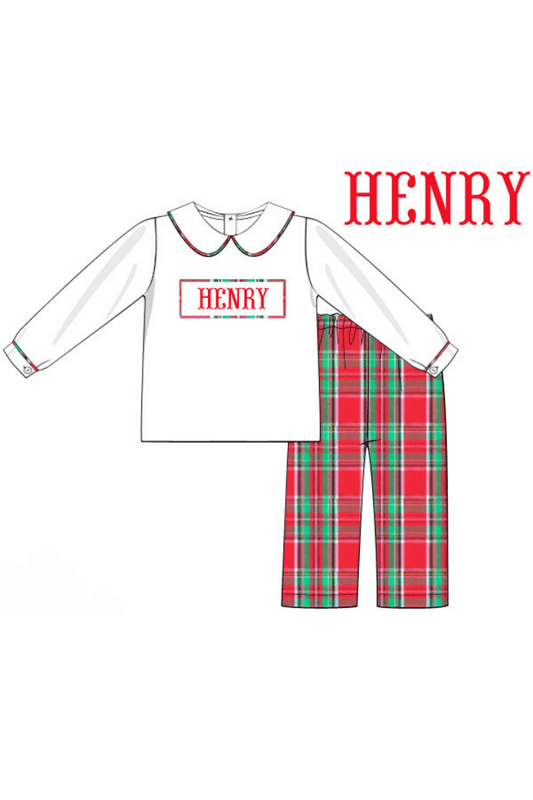 The Smocked Flamingo Pre-Order Hand Smocked Custom Name Traditional Christmas Pant Set