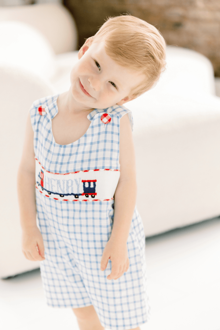 The Smocked Flamingo Pre-Order Hand Smocked Custom Name Train Blue Windowpane Jon Jon