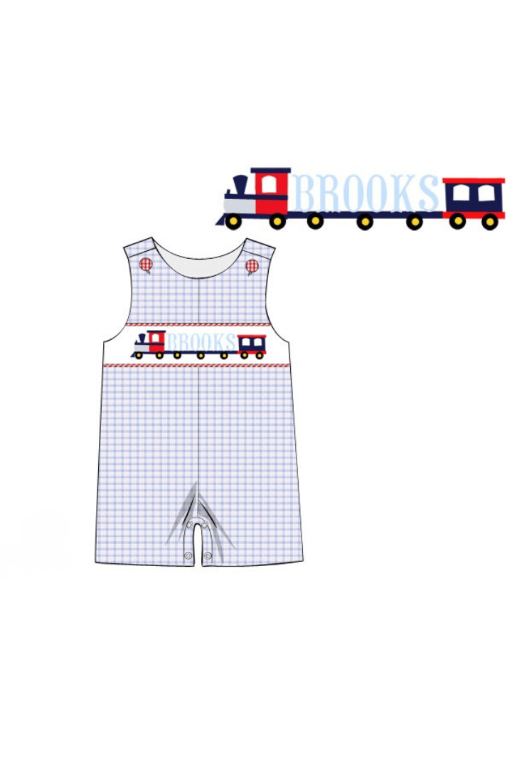 The Smocked Flamingo Pre-Order Hand Smocked Custom Name Train Blue Windowpane Jon Jon