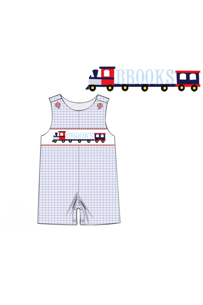 The Smocked Flamingo Pre-Order Hand Smocked Custom Name Train Blue Windowpane Jon Jon