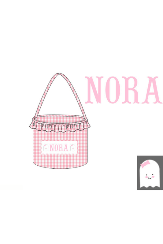 The Smocked Flamingo Pre-Order Hand Smocked Custom Name Treat Basket-Gingham Ghost